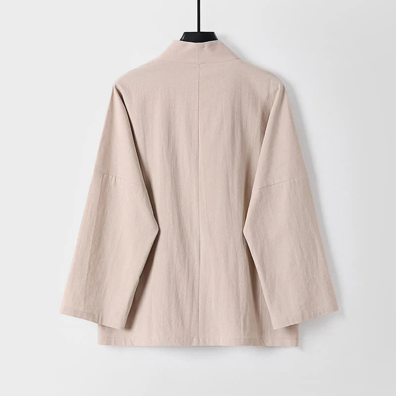 Buddha Stones Long Sleeve Buttons Design Men's Open Front Cotton Linen Jacket Kimono With Pockets