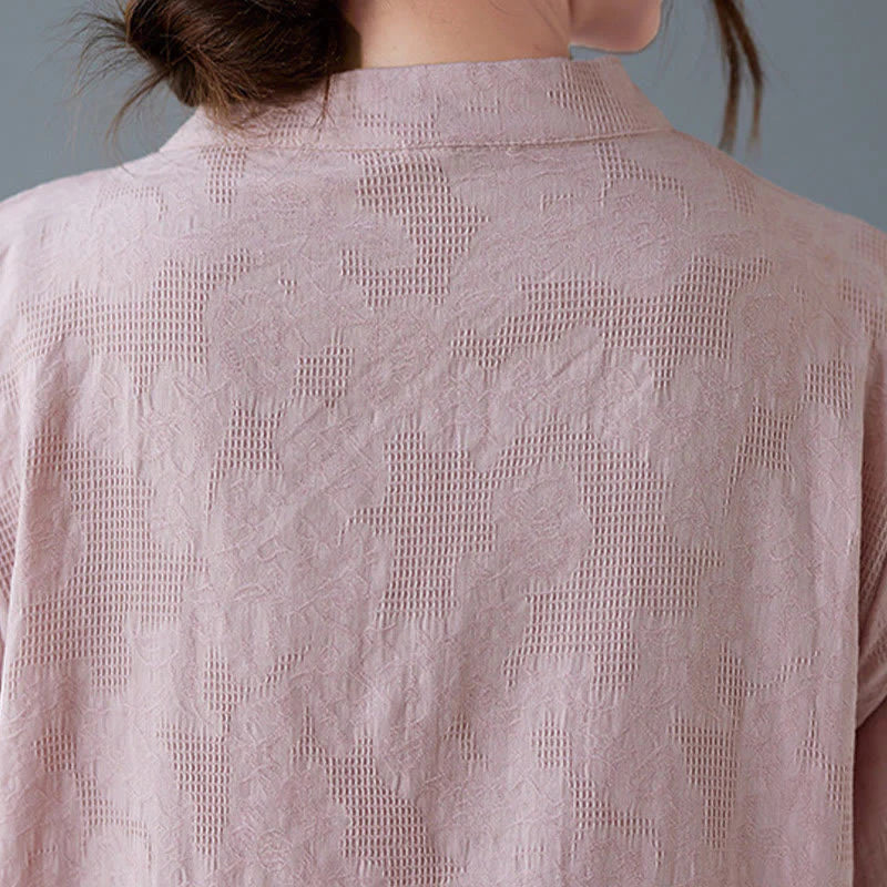 Buddha Stones Vintage Summer Stereoscopic Flower Embroidery Three Quarter Sleeve Frog-Button Cotton Linen Women's Shirt