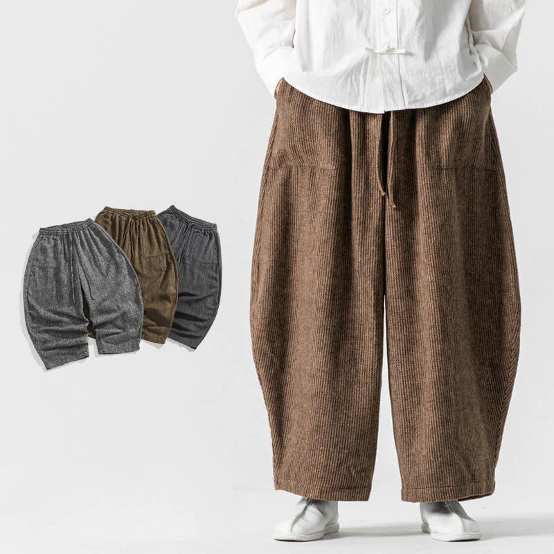 Buddha Stones Daily Solid Color Drawstring Design Men's Wide Leg Cotton Pants With Pockets
