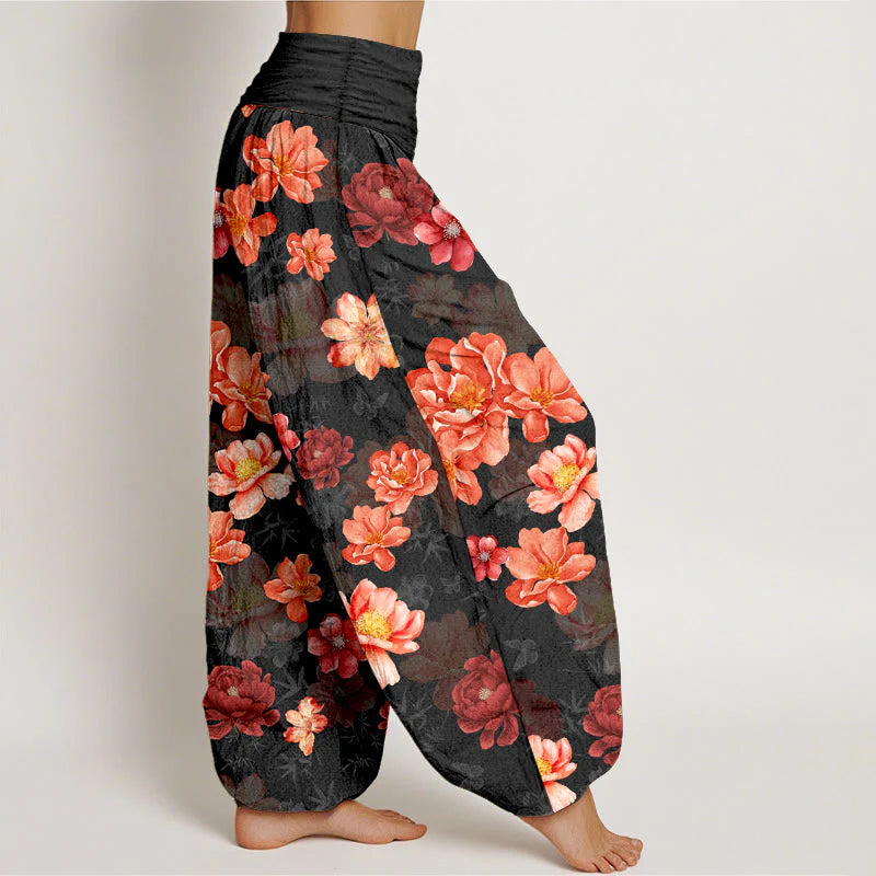 Buddha Stones Cotton Intensely Colored Flower Pattern Women's Elastic Waist Harem Pants