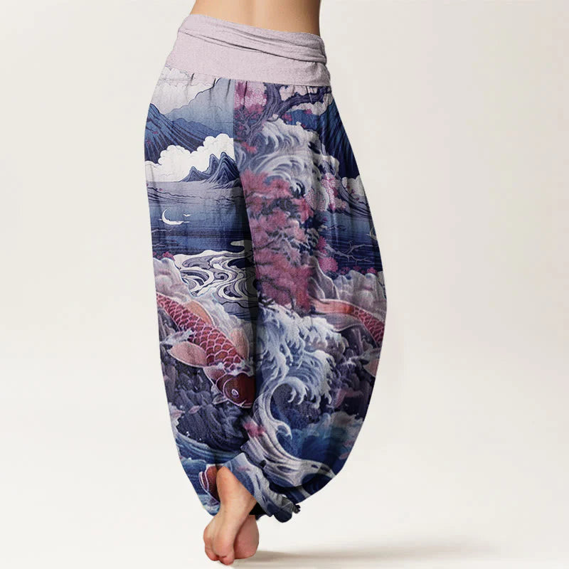 Buddha Stones Cotton Casual Blossoming Tree Koi Fish Wave Mountain Pattern Women's Elastic Waist Harem Pants