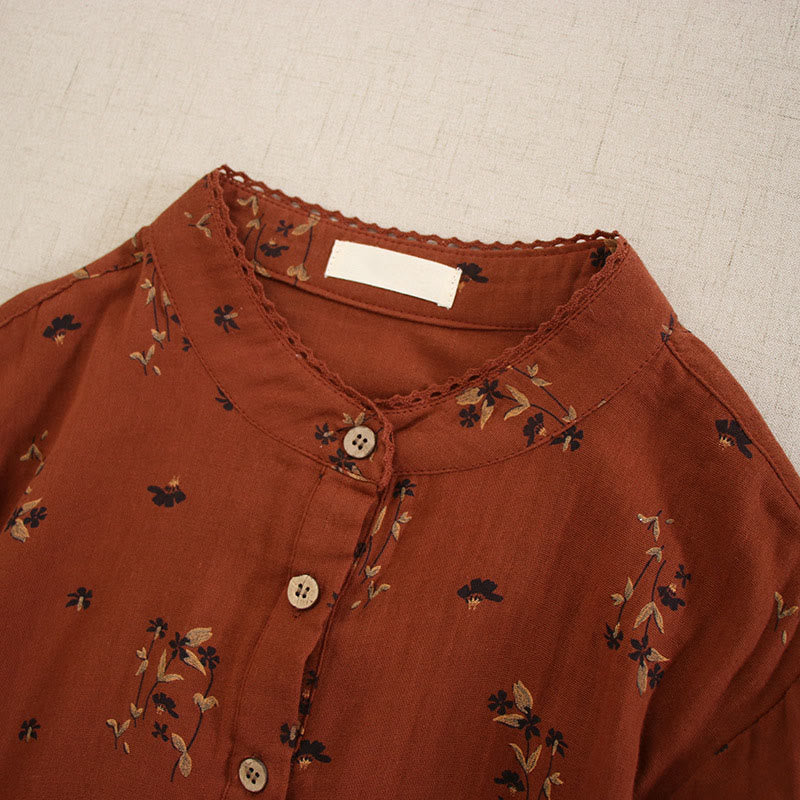 Buddha Stones Spring Small Floral Print Buttons Design Crew Neck Long Sleeve Midi Dress With Pockets