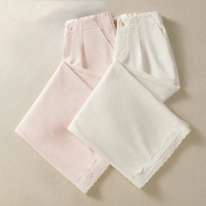 Buddha Stones Casual Lace Patchwork Design High Waist Women's Wide Leg Ankle-Length Pants With Pockets Zipper