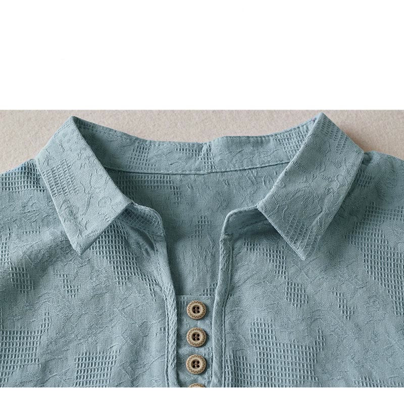 Buddha Stones Casual Floral Pattern Lapel Women's Cotton T-shirt