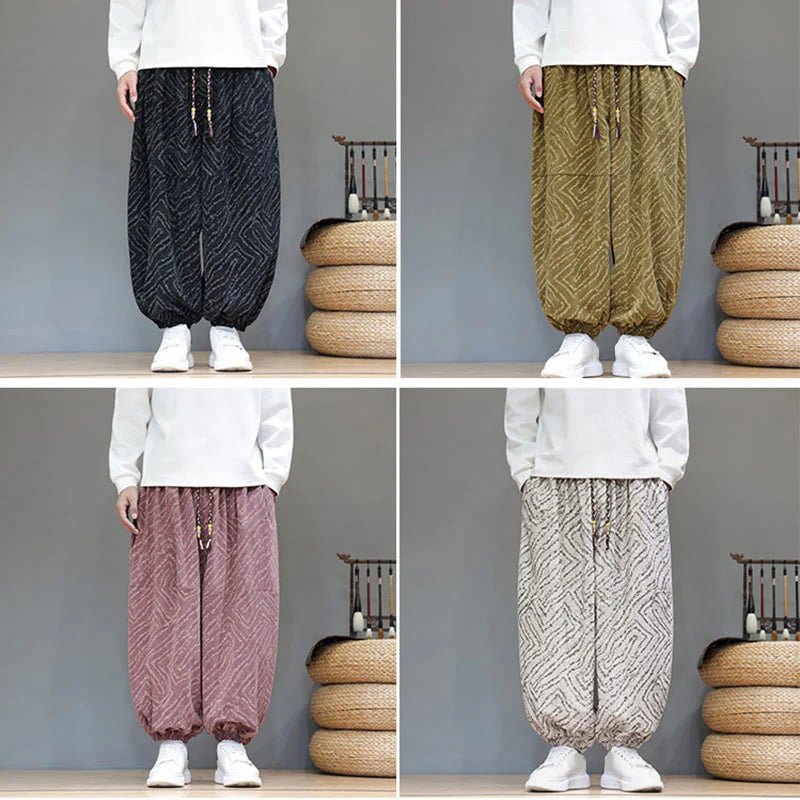 Buddha Stones Fall Texture Drawstring Design Corduroy Cotton Linen Men's Harem Pants With Pockets