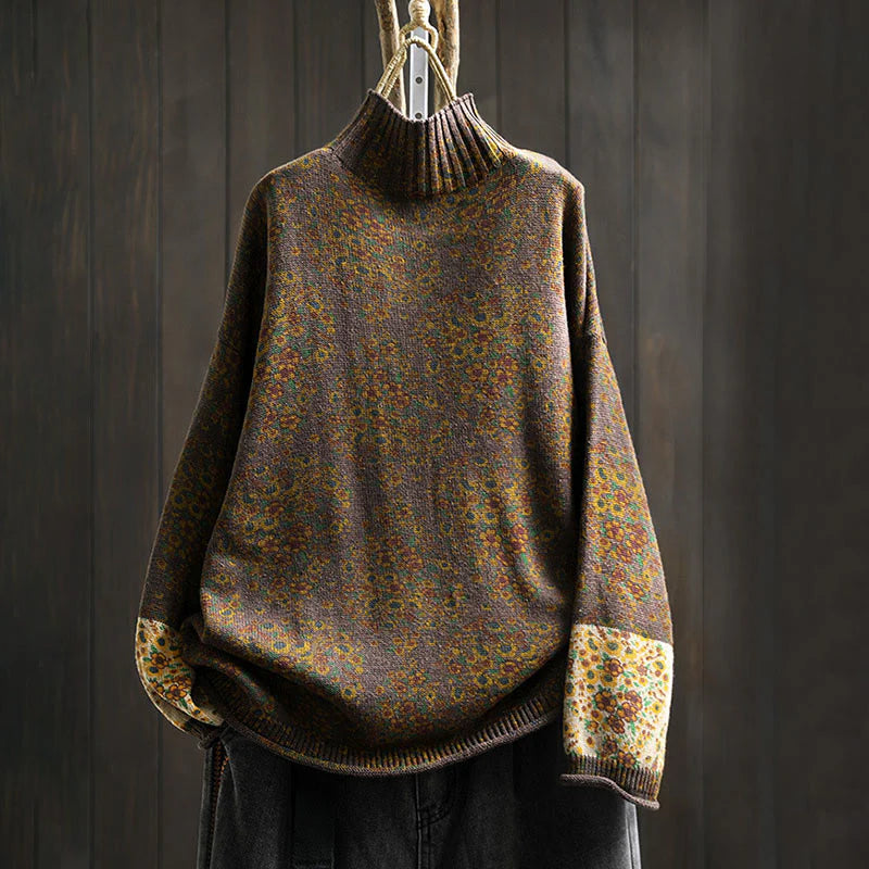Buddha Stones Women's Knitted Floral Cotton Ribbed Hem Long Sleeve Mock Neck Sweater