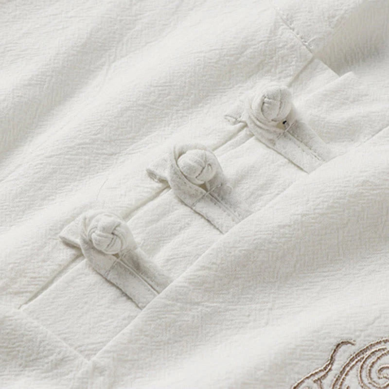 Buddha Stones Summer Frog-Button Auspicious Clouds Embroidery Design Short Sleeve Cotton Linen Men's Shirt