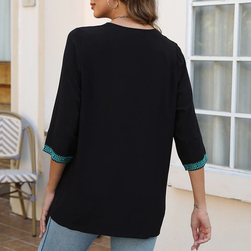 Buddha Stones Summer Casual Embroidery Flower Leaf Half Sleeve V-neck Cotton Women's T-Shirt