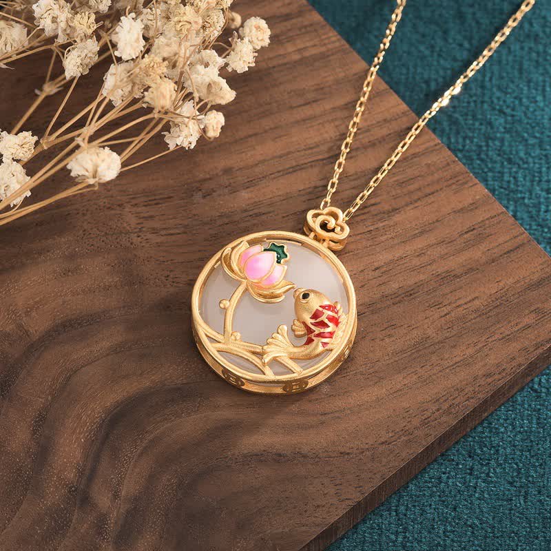 Buddha Stones White Jade Koi Fish Lotus Blessing Necklace Pendant
