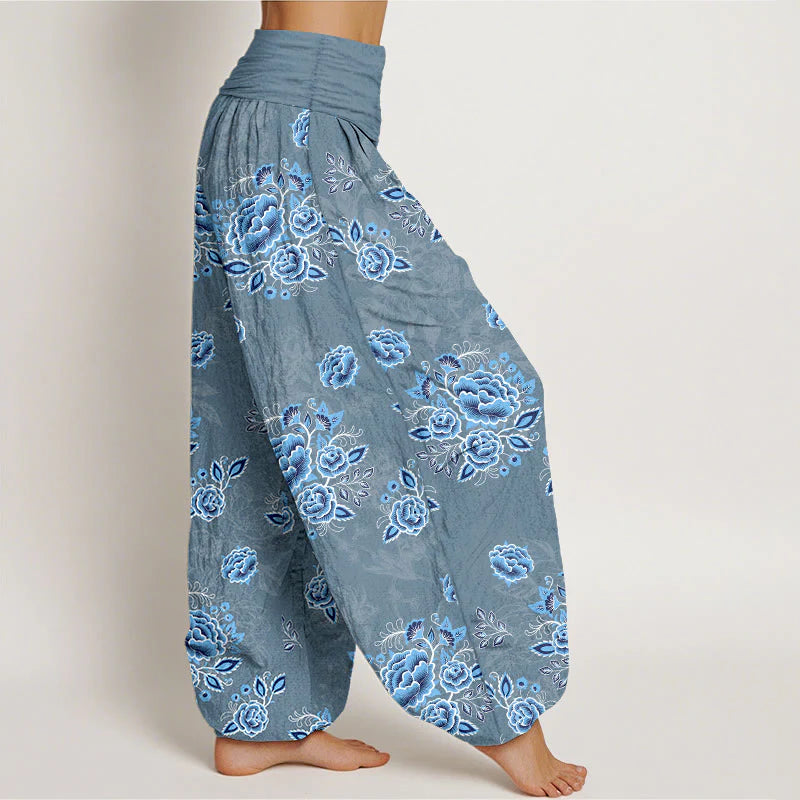 Buddha Stones Pure Cotton Blue Flower Pattern Women's Elastic Waist Harem Pants