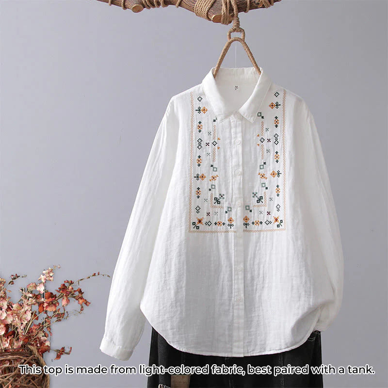 Buddha Stones Fall White Geometric Striped Flower Embroidery Button Women's Cotton Long Sleeve Shirt