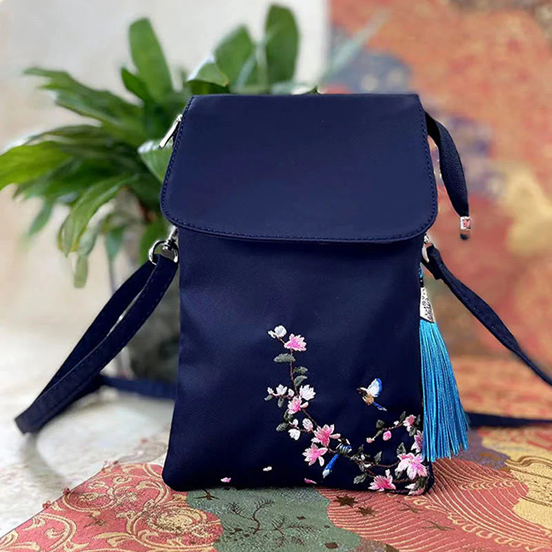 Buddha Stones Waterproof Handmade Embroidered Lotus Flowers Crossbody Bag Shoulder Bag Cellphone Bag