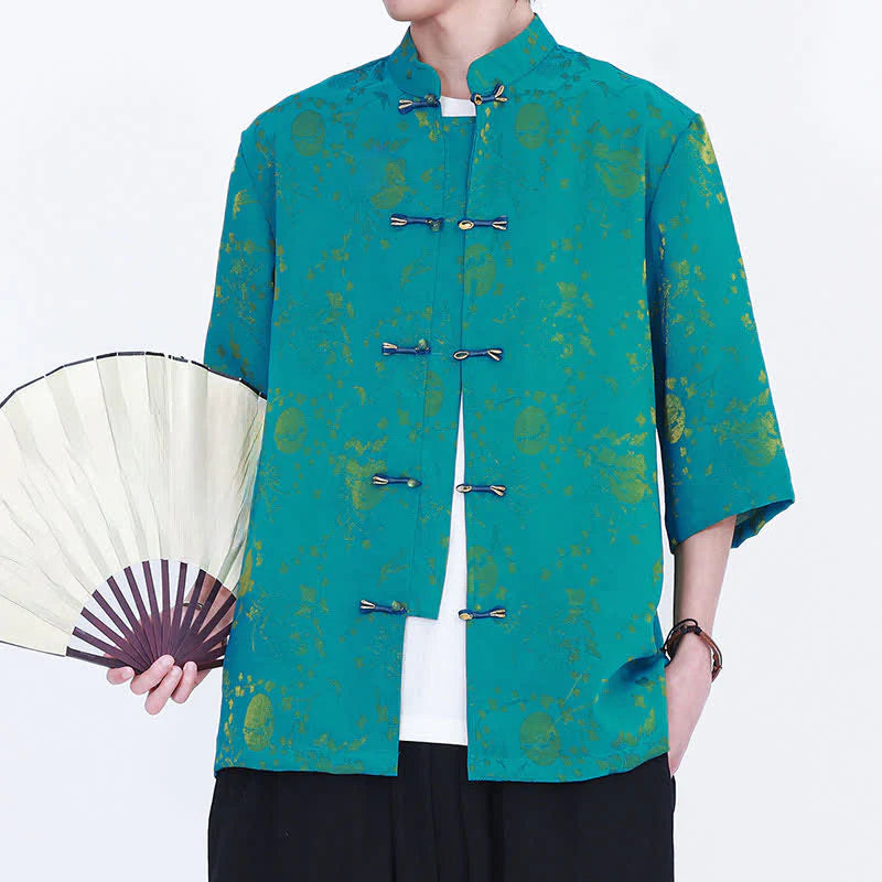 Buddha Stones Summer Vintage Elegant Mandarin Collar Gold Cloud Pattern Elbow Sleeve Men's Shirt