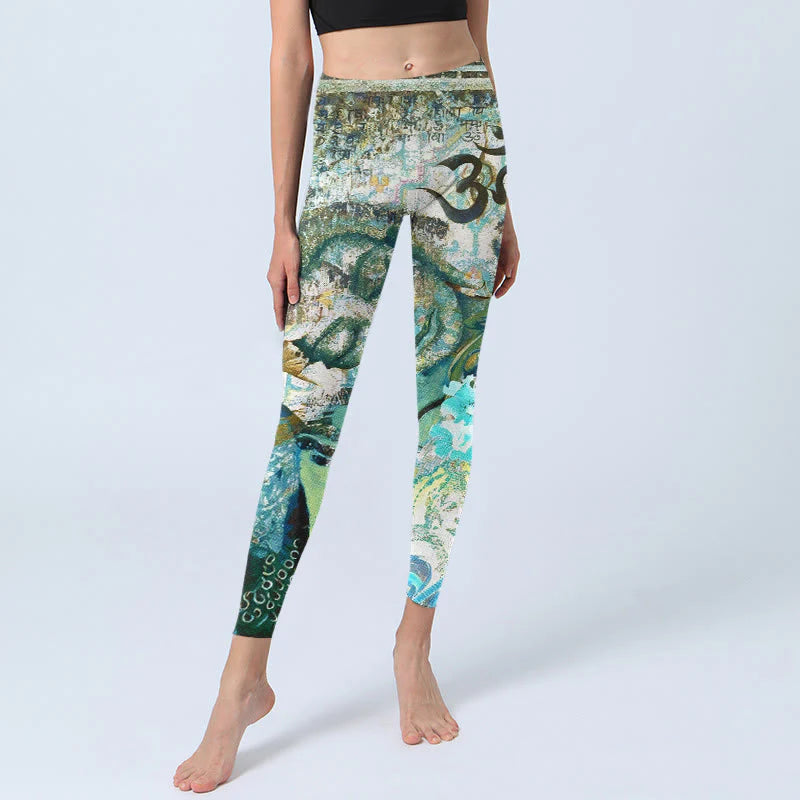 Buddha Stones Om Symbol Human Figure Peacock Lotus Pattern Print Gym Leggings Women's Yoga Pants