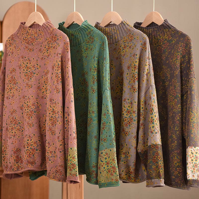 Buddha Stones Fall Printing Floral Long Sleeve Mock Neck Women's Knitted Cotton Sweater