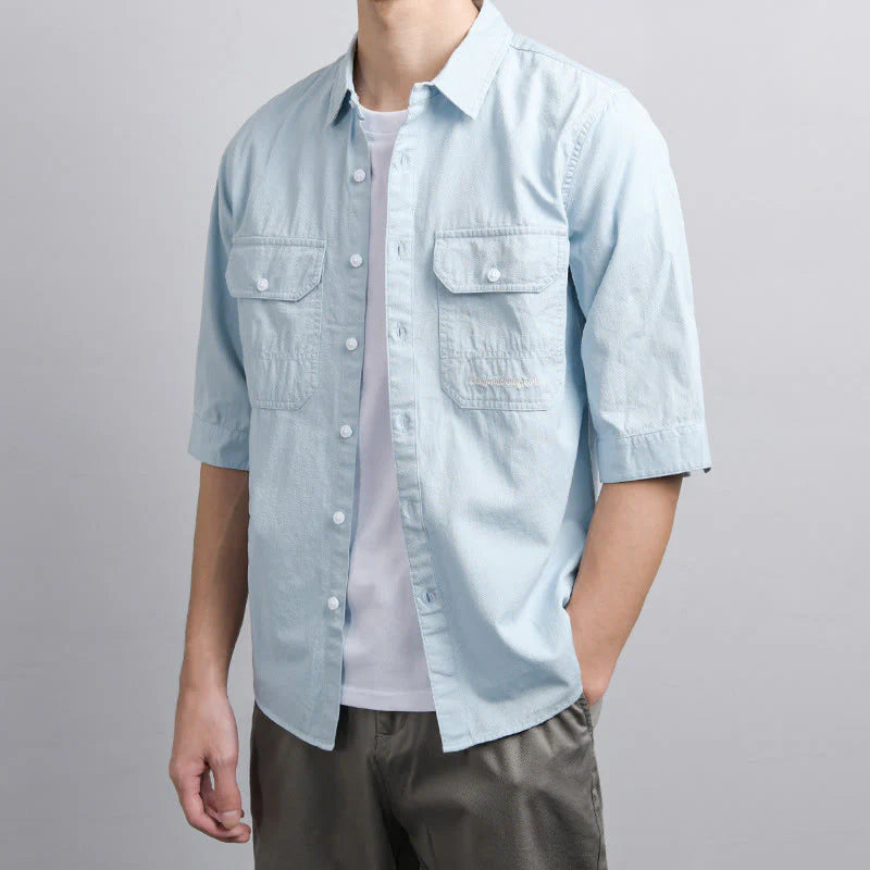 Buddha Stones Summer Buttons Down Two Decorative Pockets Men's Half Sleeve Cotton Shirt