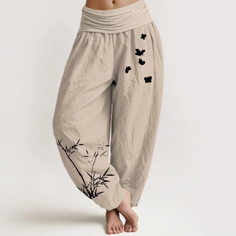 Buddha Stones Pure Cotton Concise Bamboo Butterfly Pattern Women's Elastic Waist Harem Pants