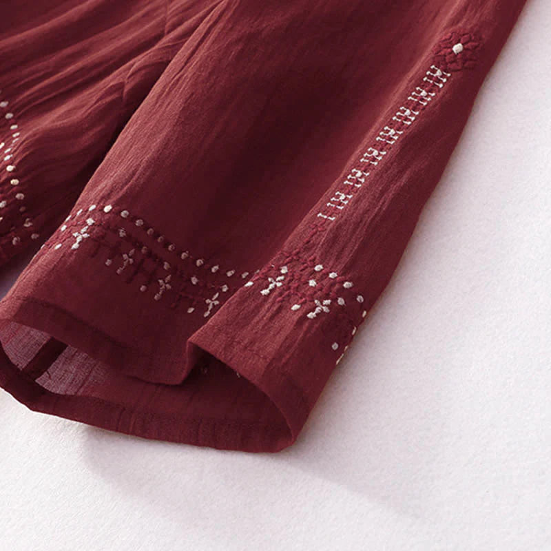 Buddha Stones Solid Color Embroidery Short Sleeve Cotton Midi Dress