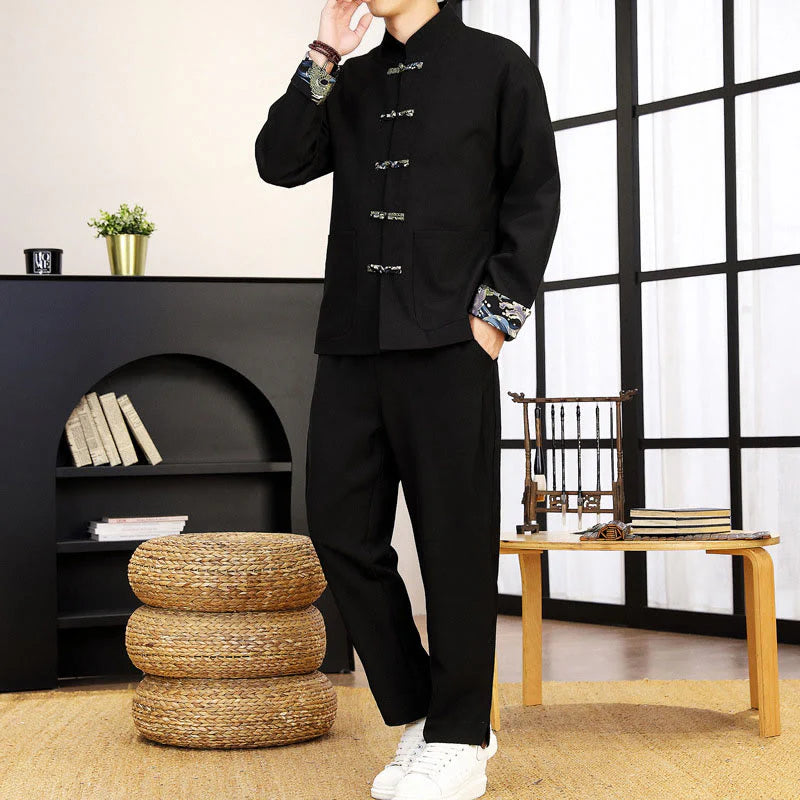 Buddha Stones 2Pcs Tang Suit Frog-Button Men's Waves Long Sleeve Shirt Pants Clothing Set