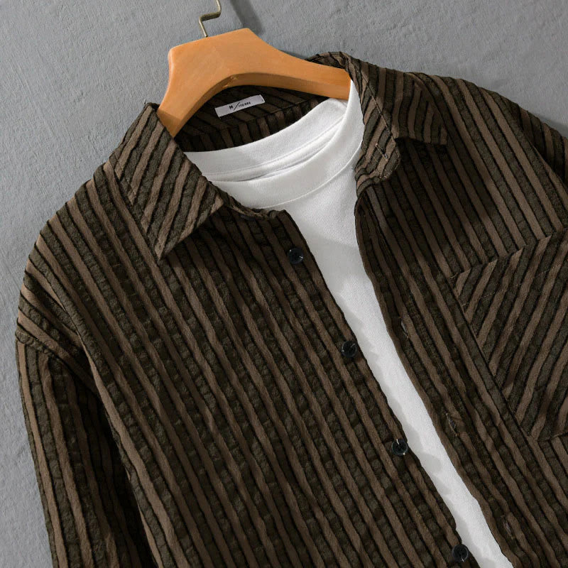 Buddha Stones Vintage Striped Buttons Down Stand Collar Long Sleeve Men's Cotton Shirt