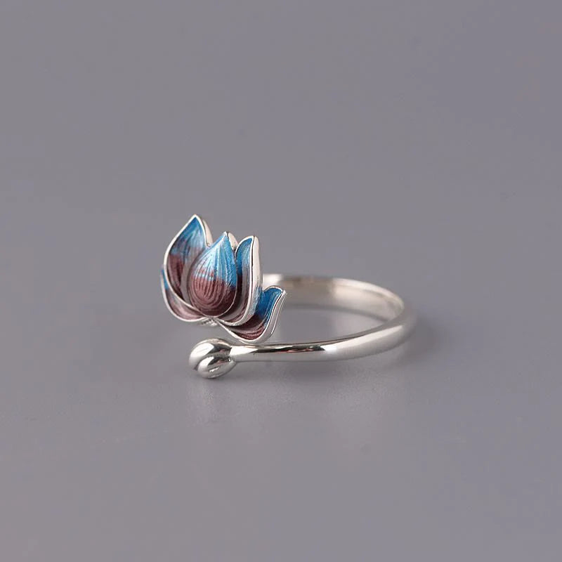 Buddha Stones 925 Sterling Silver Lotus Flower New Beginning Adjustable Ring