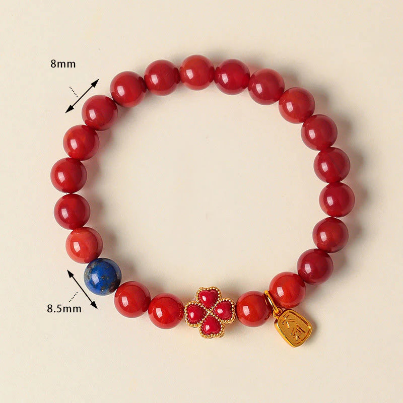 Buddha Stones Four Leaf Clover Flower Gourd South Red Agate White Agate Positive Beaded Bracelet
