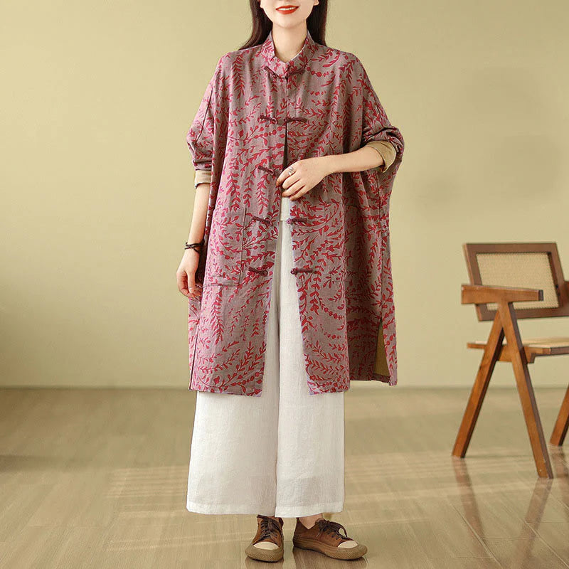 Buddha Stones Frog-button Vine Leaves Women's Coat With Pockets