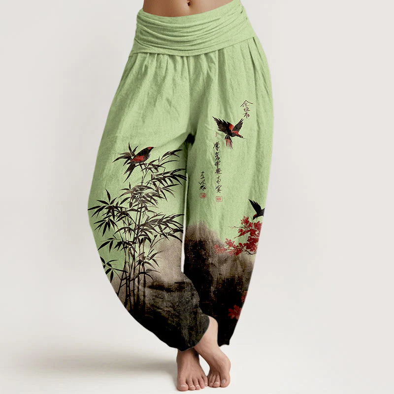 Buddha Stones Cotton Classical Bamboo Bird Flower Pattern Women's Elastic Waist Harem Pants