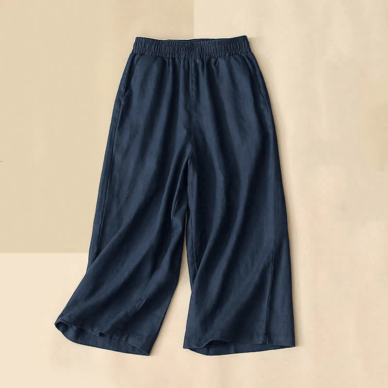 Buddha Stones High Waist Capri Cropped Women's Wide Leg Cotton Pants With Pockets