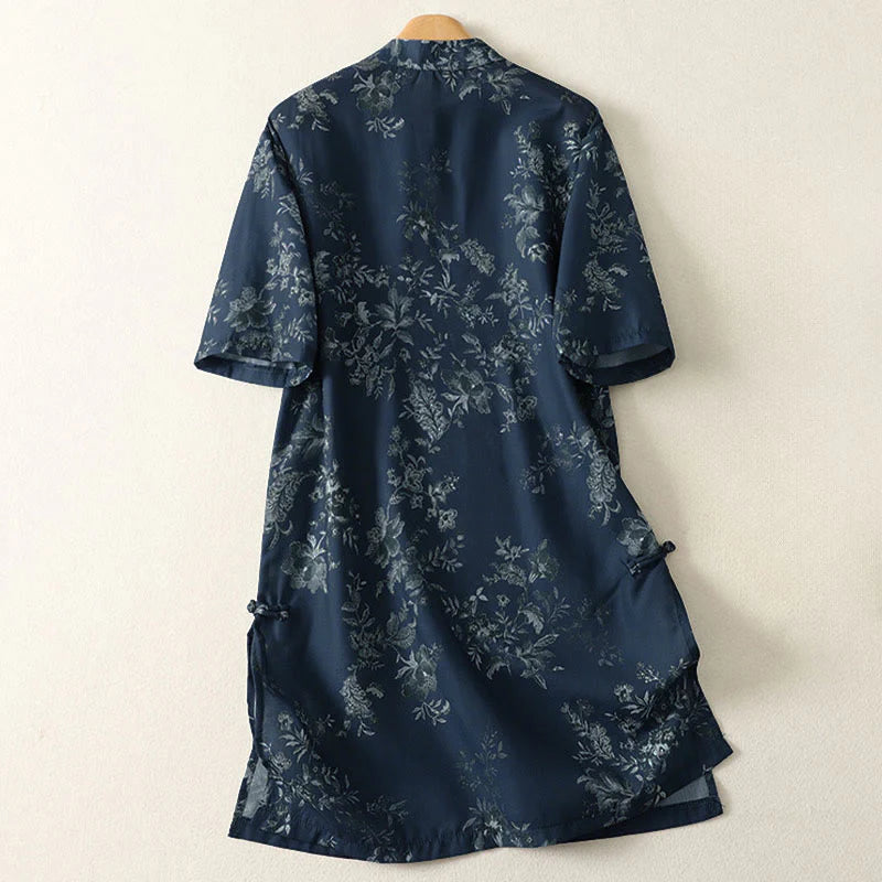 Buddha Stones Stand Collar Frog-Button Floral Print Pattern Short Sleeve Mini Dress