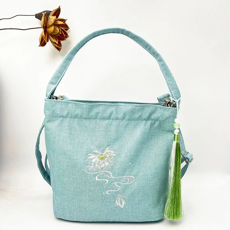 Buddha Stones Embroidery Wisteria Plum Lotus Cherry Blossom Cotton Linen Canvas Tote Crossbody Bag Shoulder Bag Handbag