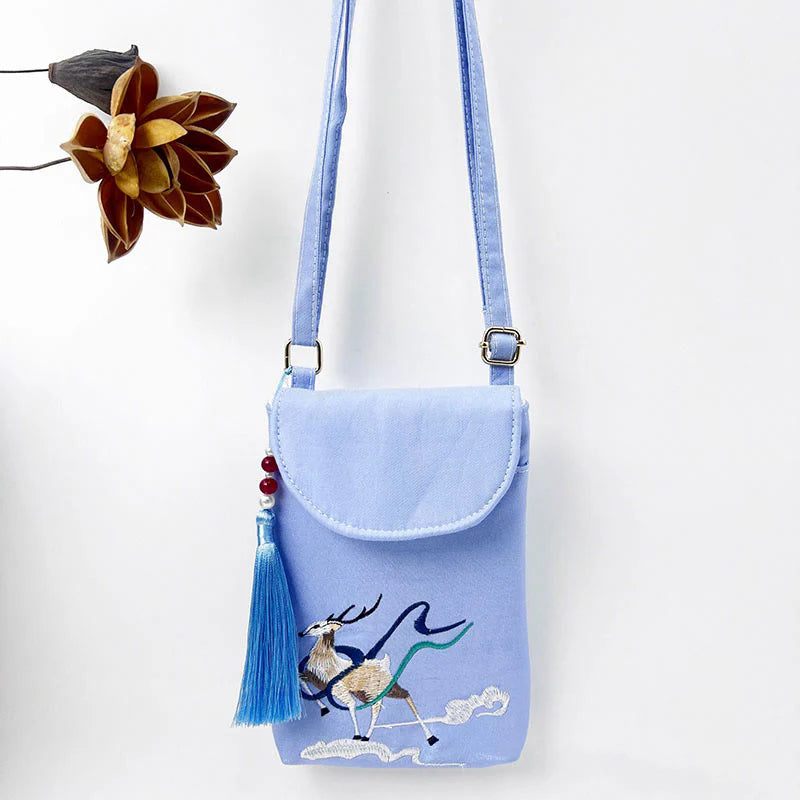 Buddha Stones Small Embroidered Flowers Crossbody Bag Shoulder Bag Double Layer Cellphone Bag