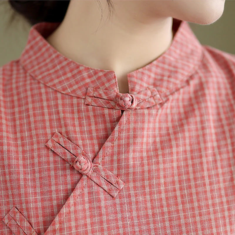 Buddha Stones Plaid Short Sleeve Frog-Button Design Cotton Linen Improved Cheongsam Midi Dress