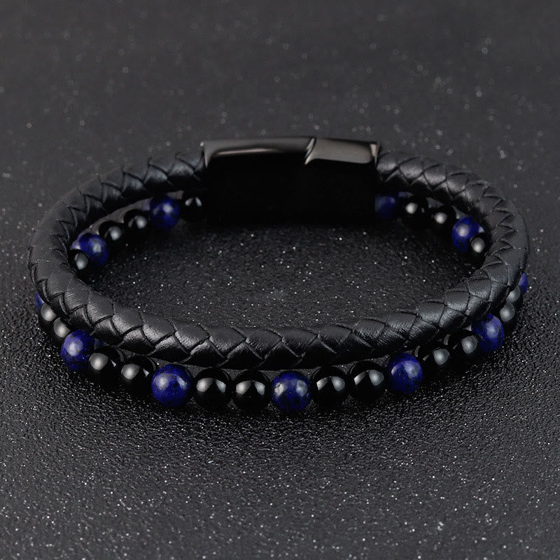 Buddha Stones Black Onyx Lazurite Lapis Lazuli Titanium Steel Positive Self Care Leather Bracelet