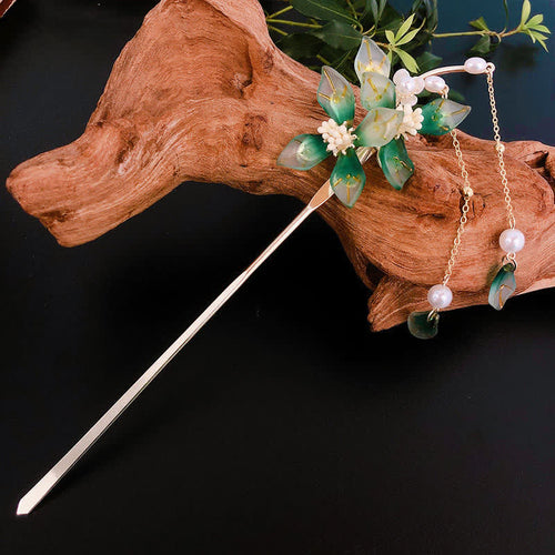 Buddha Stones Flower Leaf Pearl Peace Tassel Hairpin