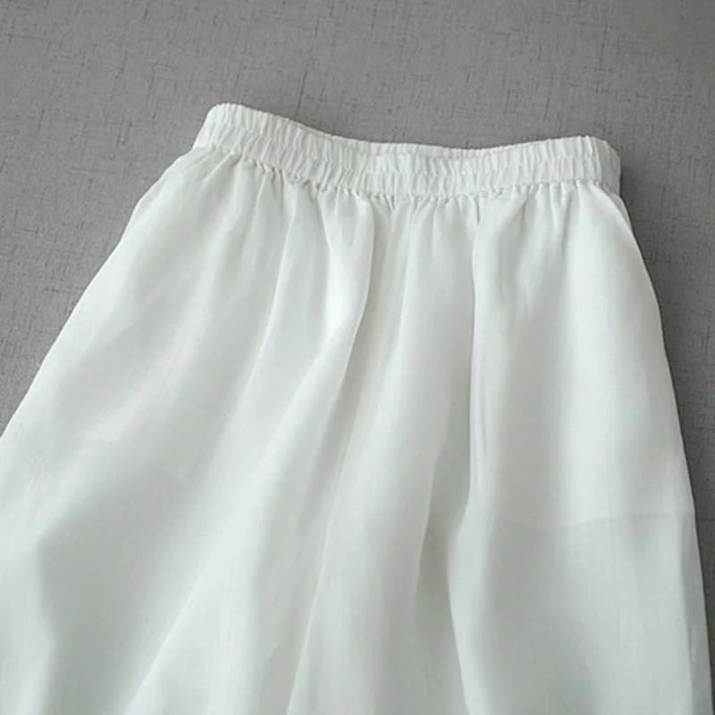 Buddha Stones Casual Plain Ramie Slit 7-8 Length Women's Wide Leg Pants With Pockets