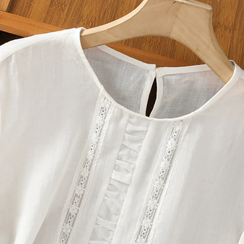 Buddha Stones Casual Pure Color Crew Neck Women's Cotton Linen Three Quarter Sleeve Shirt