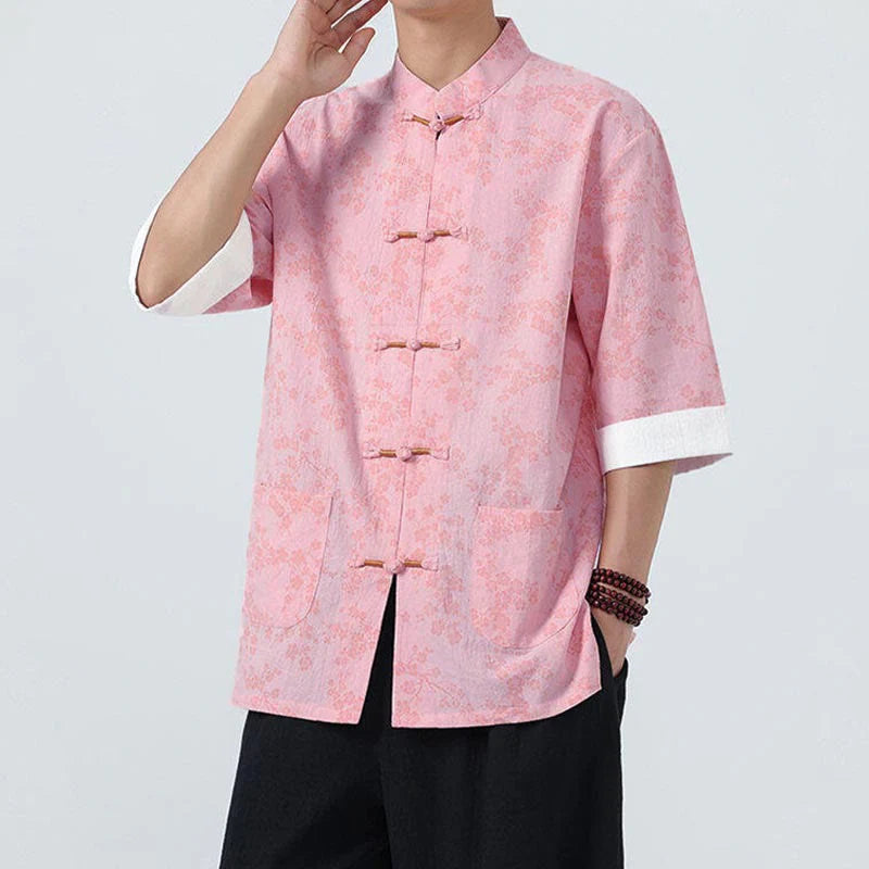 Buddha Stones Summer Peach Blossoms Pattern Chinese Frog-Button Cotton Linen Short Sleeve Men's Shirt