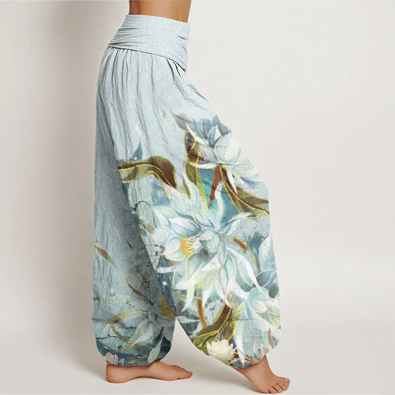 Buddha Stones Cotton Epiphyllum Flowers Design Women's Elastic Waist Harem Pants