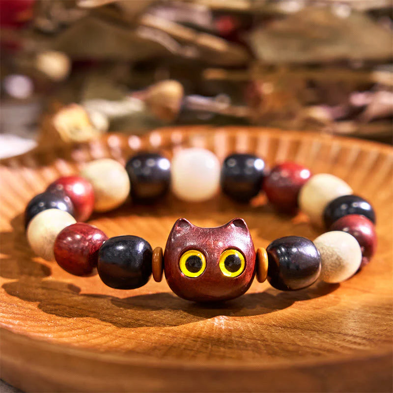 Buddha Stones Small Leaf Red Sandalwood Ebony Wood Cute Cat Engraved Protection Bracelet