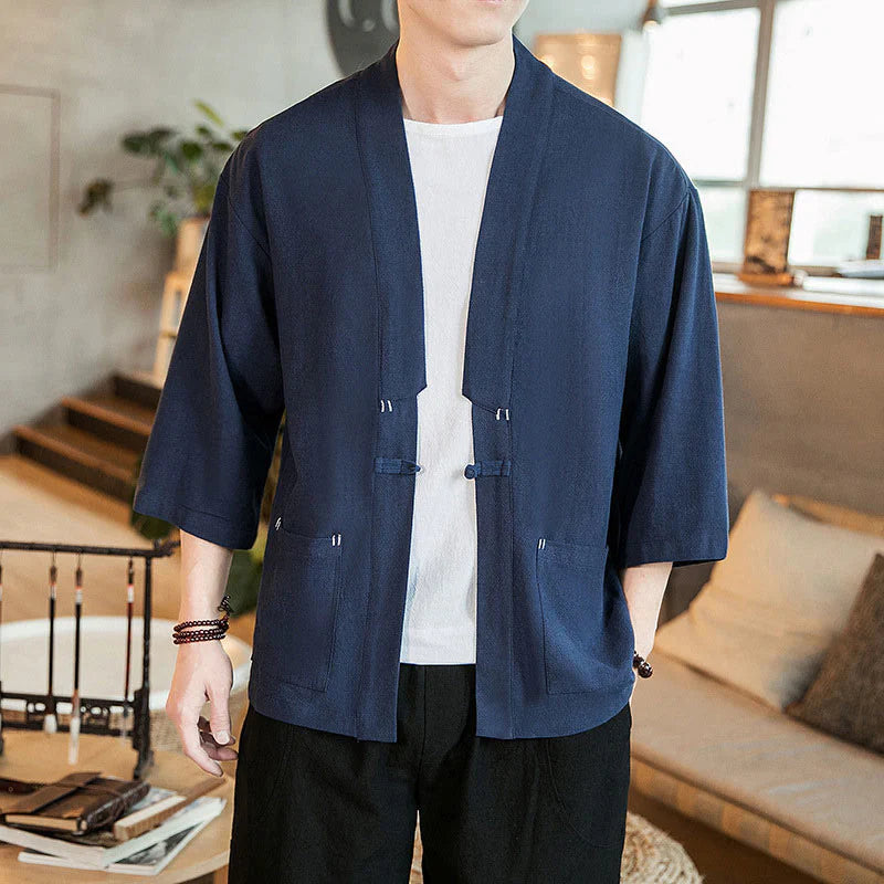 Buddha Stones Plain Chinese Frog-Button Jacket Cotton Linen Men's Three Quarter Sleeve Kimono