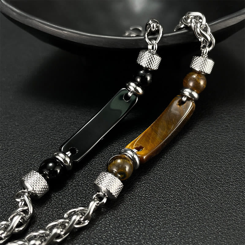 Buddha Stones Tiger Eye Black Obsidian Stone Titanium Steel Strength Buckle Bracelet