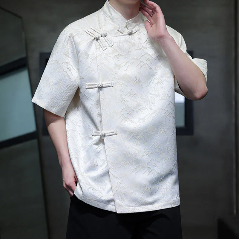 Buddha Stones Summer Mountain Pattern Jacquard Chinese Frog-Button Cotton Short Sleeve Men's Shirt