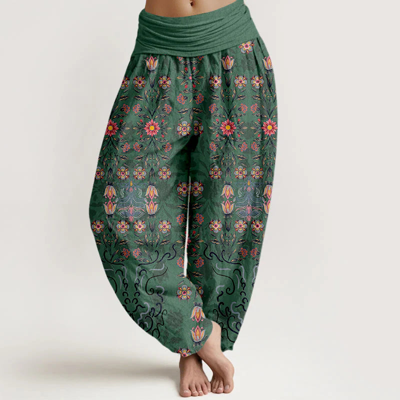 Buddha Stones Pure Cotton Blooming Multicolored Floral Women's Elastic Waist Harem Pants