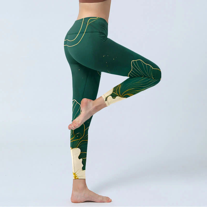 Buddha Stones Elegant Flowers Pattern Print Gym Leggings Women's Yoga Pants