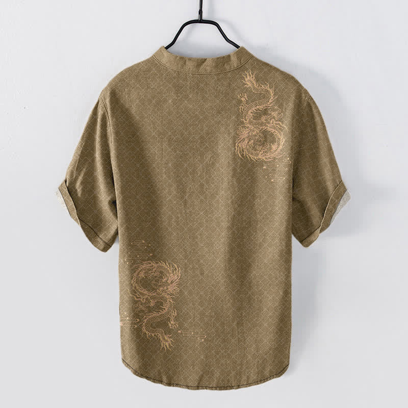 Buddha Stones Cotton Dragon Men's Short Sleeve Half Button Shirt
