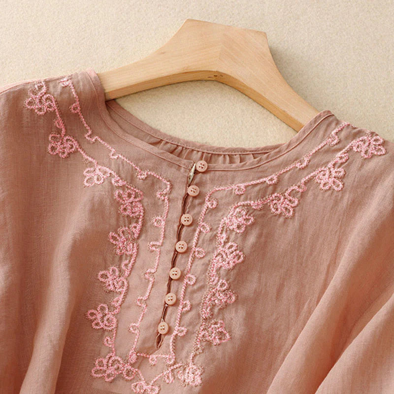 Buddha Stones Casual Women's Plain Frog Buckle Design Half Sleeve Shirt