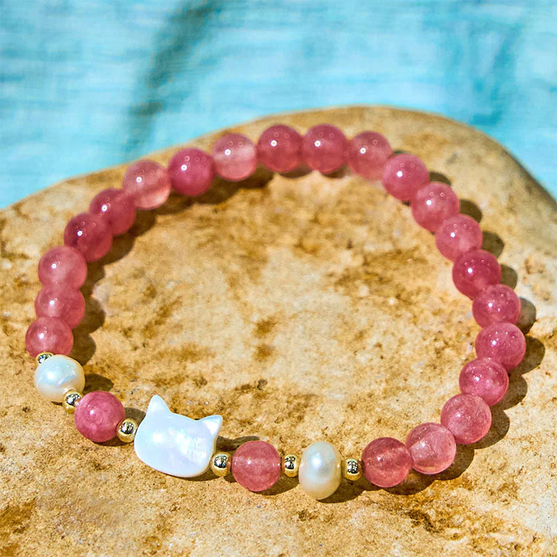 Buddha Stones Strawberry Quartz Pearl Cat Rabbit Healing Bracelet