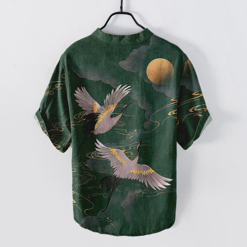 Buddha Stones Cotton Full Moon Crane Pattern Men's Short Sleeve Half Button Shirt