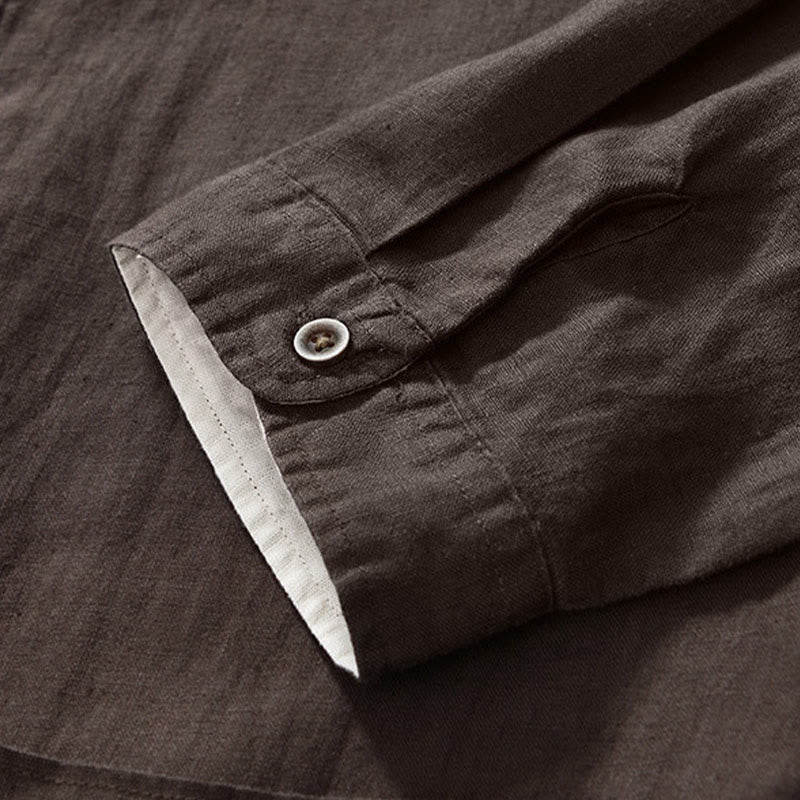 Buddha Stones Fall Solid Color Buttons Down Stand Collar Three Quarter Sleeve Linen Men's Shirt With Pockets